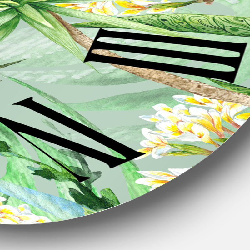 Feuillage tropical et fleurs jaunes - horloge murale moderne, Grand