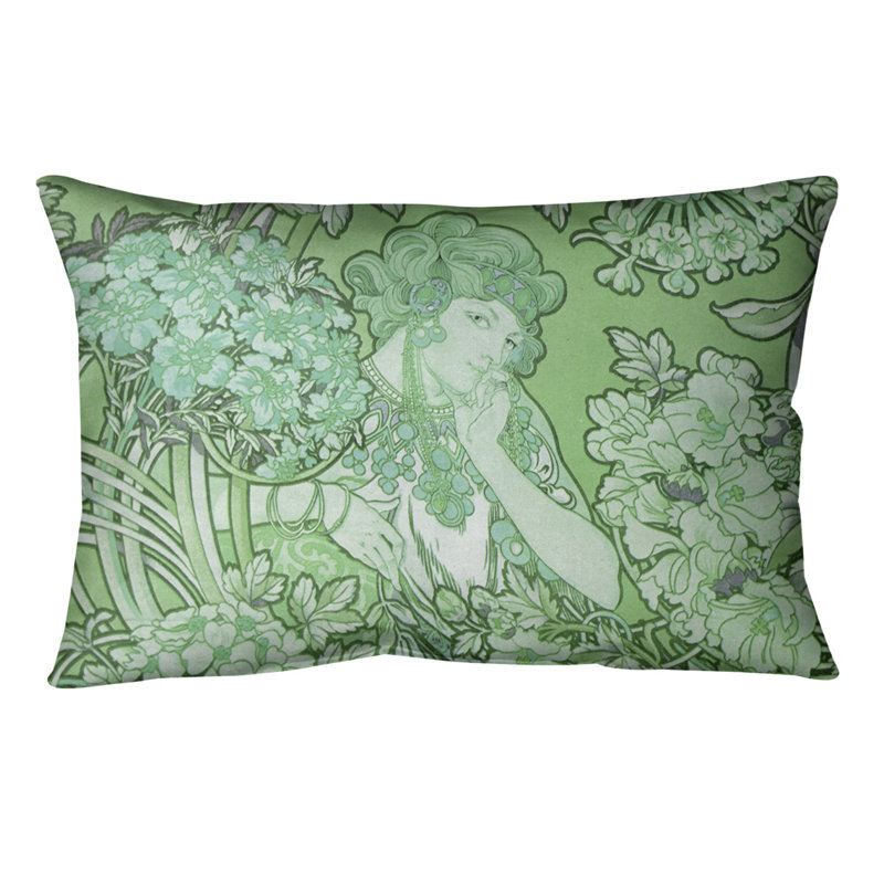 Coussin lombaire à fleurs alphonse mucha, Vert, 20 po x 14 po, Bourre en polyester