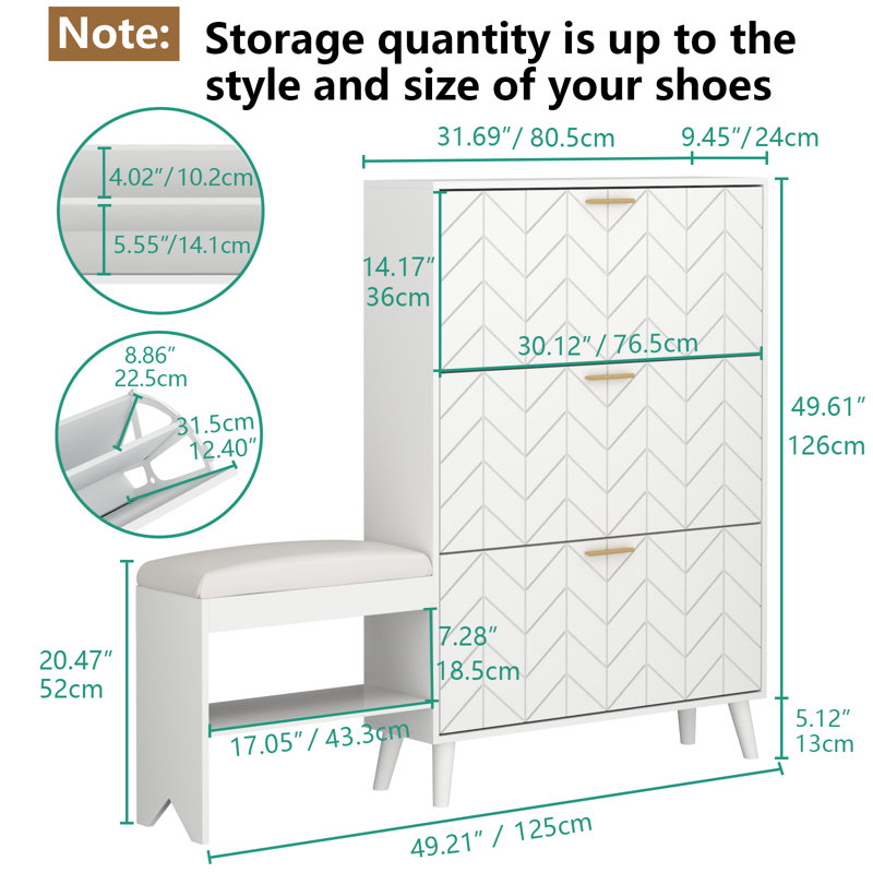 Armoire à chaussures avec 3 tiroirs rabattables et banc, armoire de rangement pour chaussures pour l'entrée, noir, Blanc