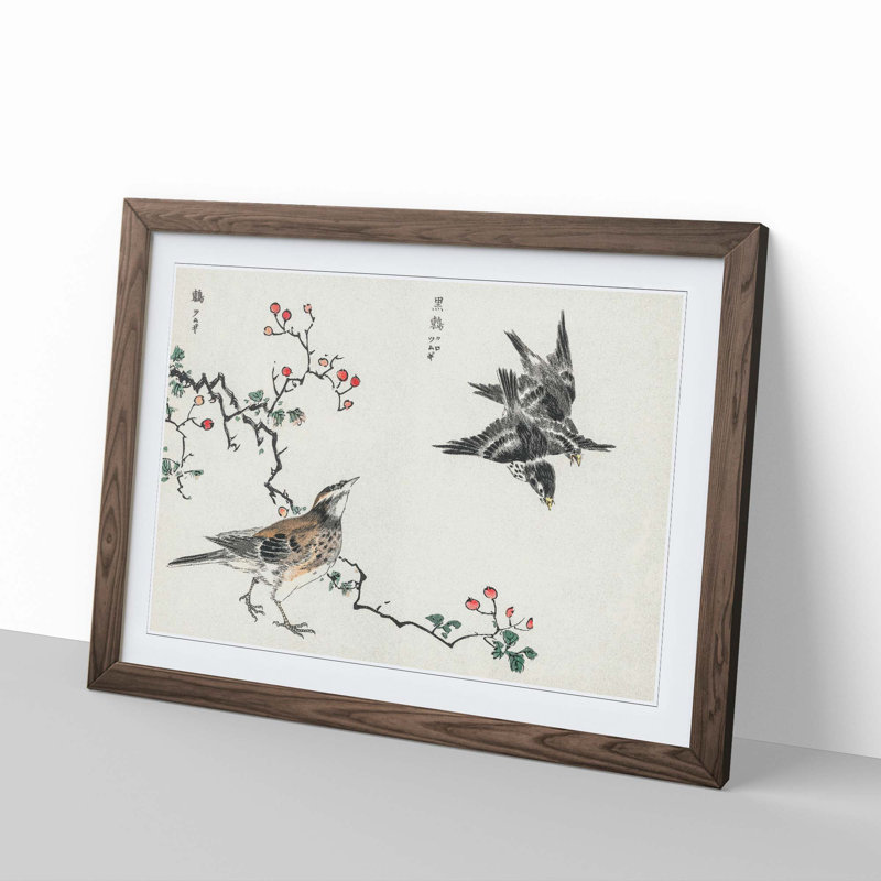 Thrush Birds by Numata Kashu - Picture Frame Painting Print, Walnut, 35cm H x 50cm W x 2cm D