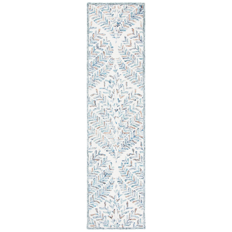 Ikat Handmade Tufted Wool Ivory/Blue Area Rug, Runner 2'3" x 21'