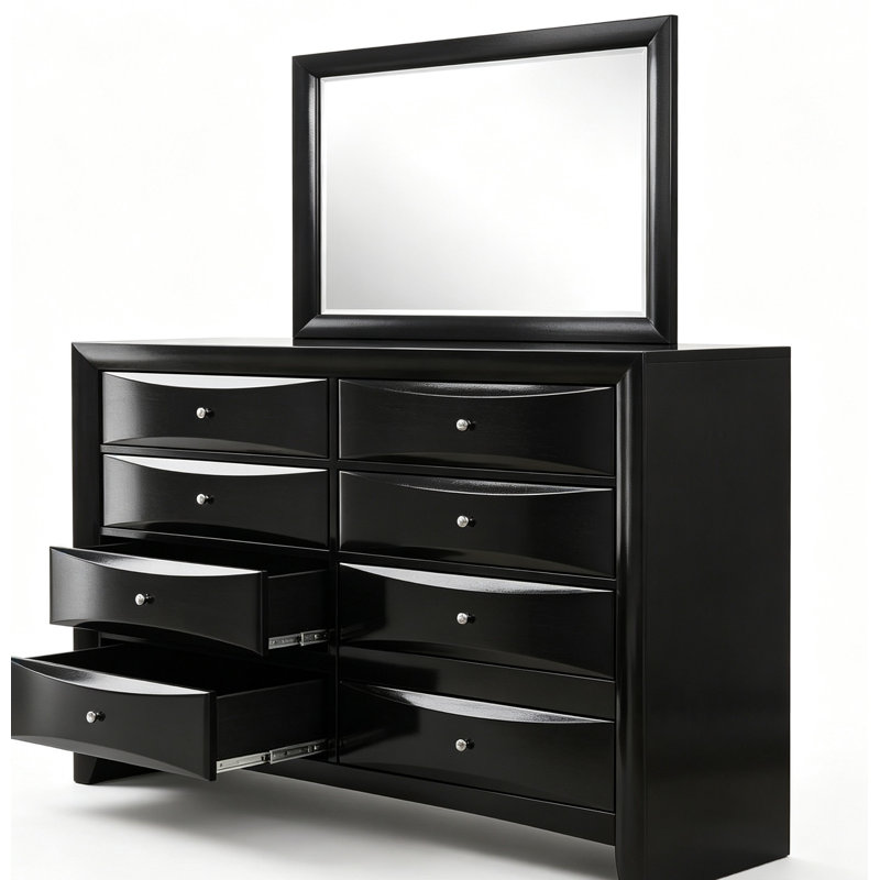 Commode 8 tiroirs noire transitionnelle avec miroir assorti, commode en bois d'hévéa avec façades de tiroirs incurvées et boutons en nickel brossé, ensemble de meuble-lavabo de chambre à coucher
