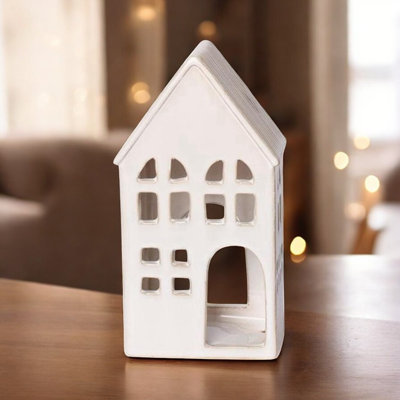Ceramic Townhouse Tealight Holder - Hand-Finished Candle Lantern with Cut-Out Windows Starry Roof Home Décor