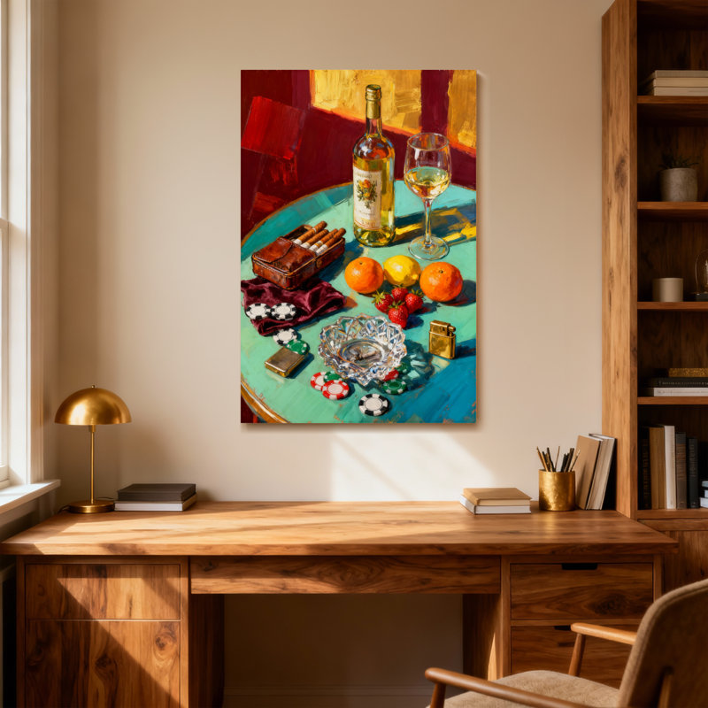 Mode nature morte avec vin et fruits, H 12 po x l 18 po
