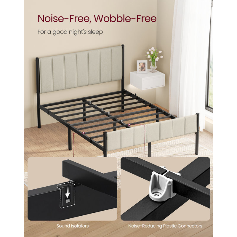 Double Bed Frame with Upholstered Headboard, Beige