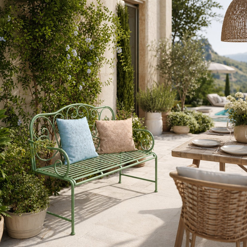 Banc de jardin extérieur à double siège résistant aux intempéries, construction robuste en métal durable avec dossier décoratif élégant, surface de siège ventilée