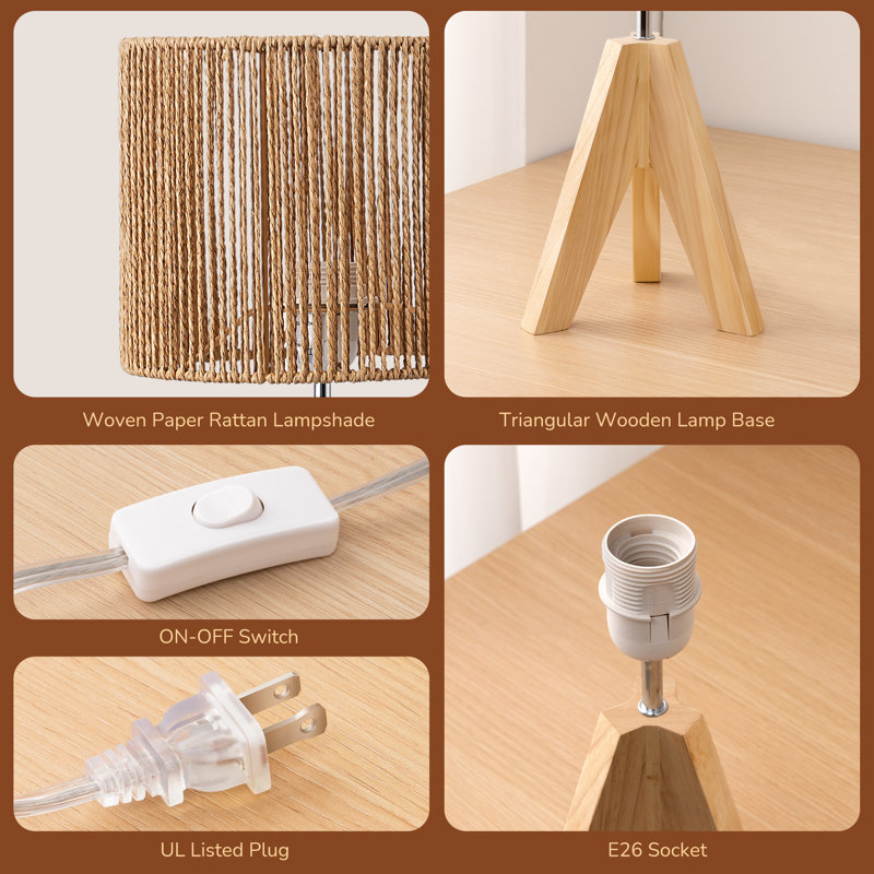 Aurion 14.2" Beige Solid Wood Tripod Table Lamp Set with Rattan Shade