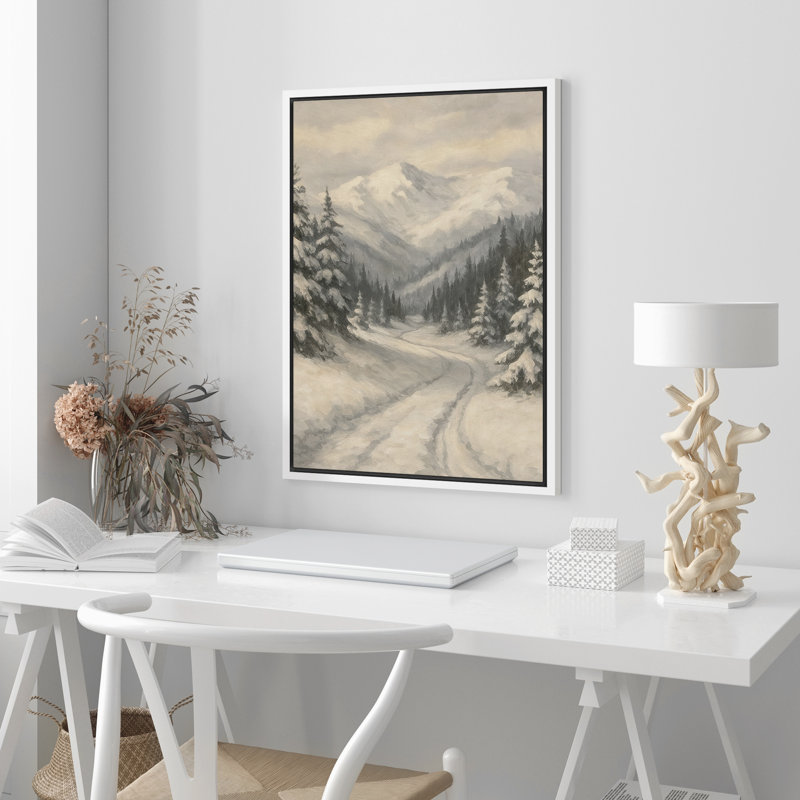 «Snowy Mountain Valley with Pine Trees Winter Landscape», reproduction d'art sur toile encadrée dans la chambre principale