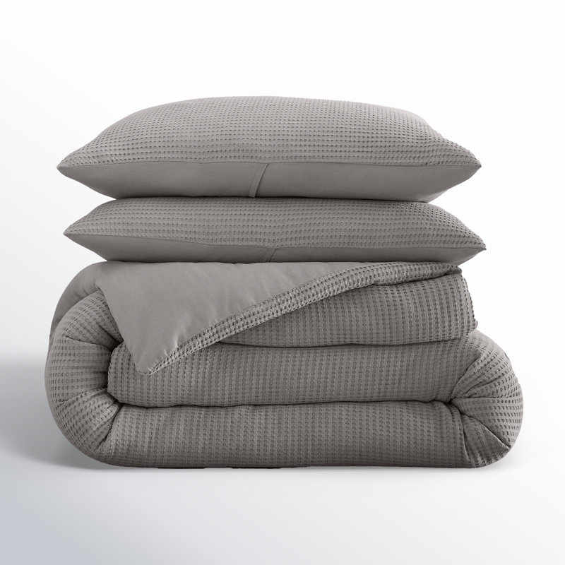 Felix Cotton Waffle Comforter Set, Full / Queen Comforter + 2 Standard Shams, Charcoal