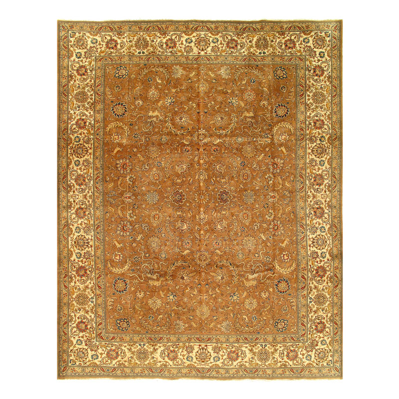 Tapis brun / beige en laine noué à la main de conception unique des années 1930 de 9 pi 9 po x 12 pi 8 po Mangino