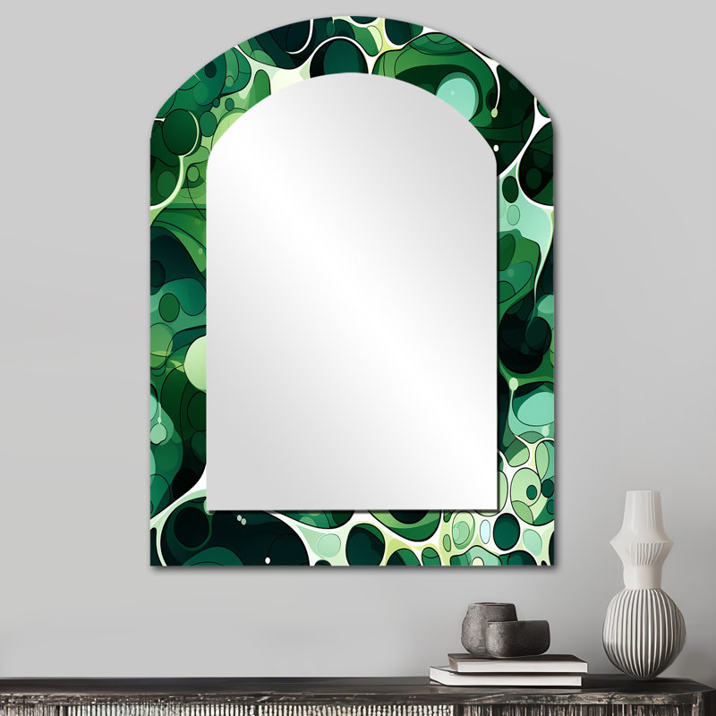 Green Popart Techno Tangles - miroir arqué en marbre, miroir mural décoratif asymétrique vert, impression d'art en métal