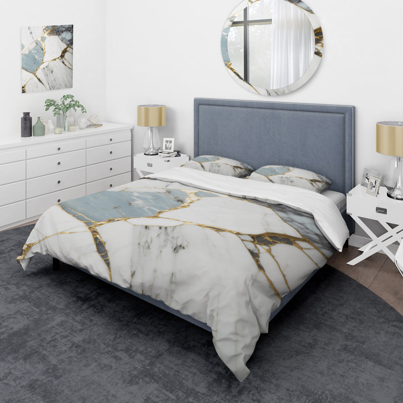 Ensemble de housse de couette en microfibre / polyester à motif géométrique abstrait or et blanc Marble I