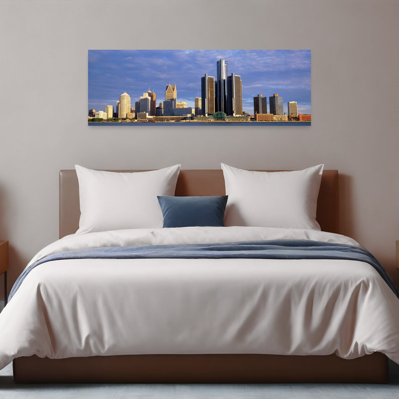 Skyscrapers at the waterfront Detroit Michigan USA 1 Piece Wrapped Canvas Panoramic Wall Art, 40.64 cm H x 121.92 cm W