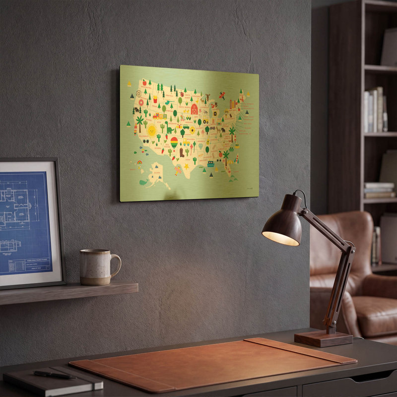 «Fun USA Map» par Ann Kelle, art mural en métal doré, 16 po x 12 po, 16 po x 12 po