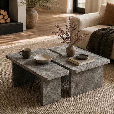 Modular Concrete Coffee Table Set of 2, Nesting L-Shaped Puzzle Center Table, Faux Stone Look Square or Rectangular Cocktail Table with Slab Legs for Modern Industrial Living Room