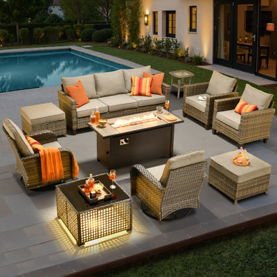 Allcot 7 - Person Wicker Outdoor Conversation Set, Patio Swivel Chair Set with Lighted Coffee Table and Cushions