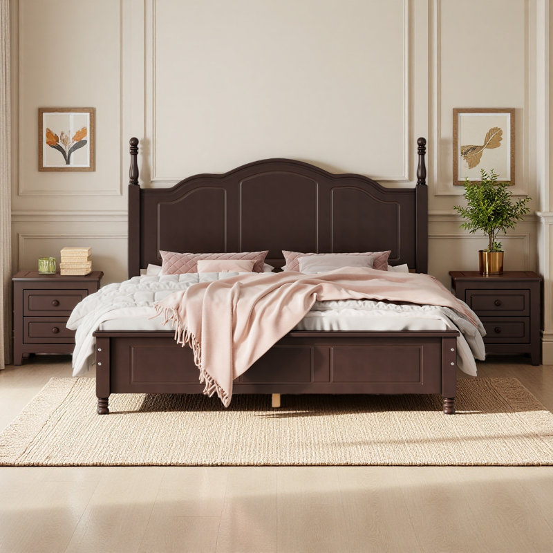 Ensemble de chambre à coucher 3 pièces, lit plateforme en bois et deux tables de chevet, Noyer, Grand lit