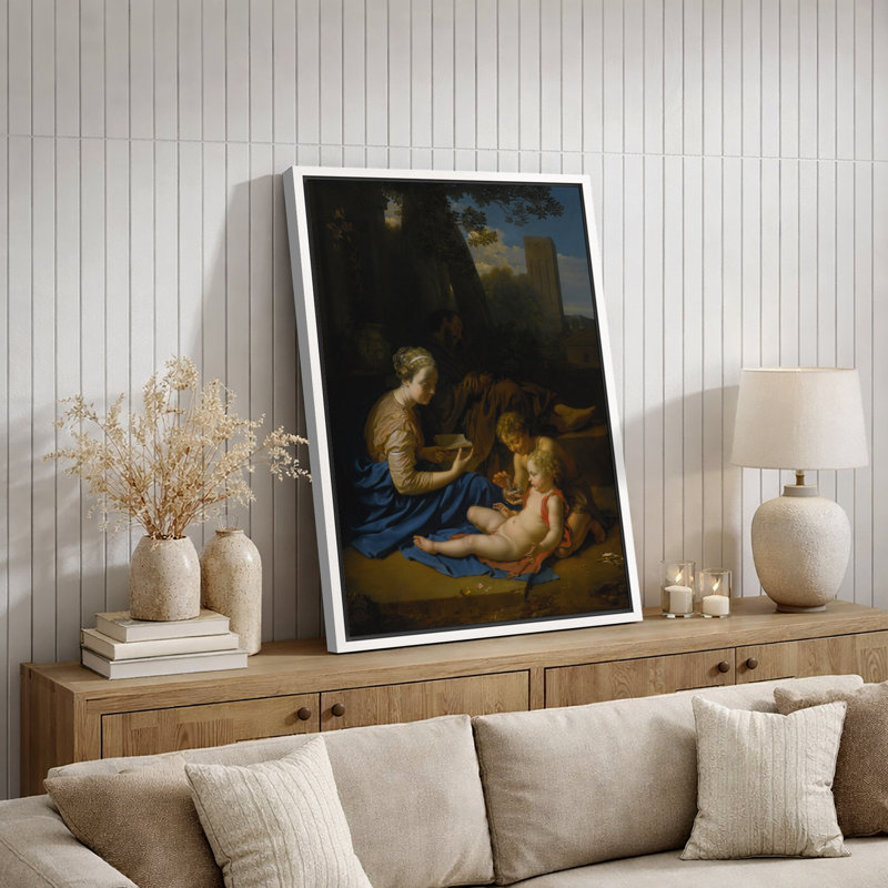 Œuvre de la Sainte Famille au repos, photos intérieures classiques, impression sur toile encadrée, Cadre flottant blanc