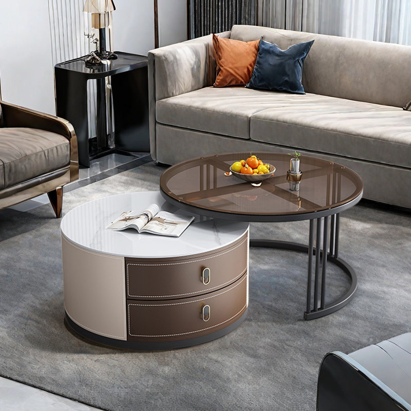 Ensemble de tables basses Modern, H 17,7 po x L 31,5 po x l 31,5 po, Blanc / transparent / brun clair