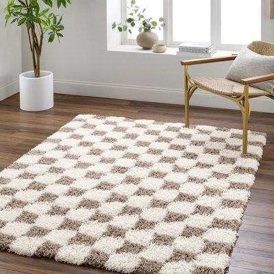Checkered Shaggy Area Rug Brown/Cream