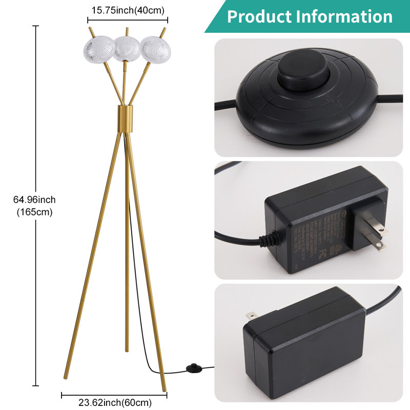 Zanyiah 65'' LED Tripod Floor Lamp with Outlet, Gold