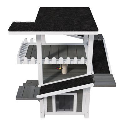 Weatherproof 4-Tier Outdoor Cat House with Waterproof Roof & 2 Doors, Feral Cat Shelter Enclosure, Multi-Level Cat Tree Tower with Balcony Play Zones for Small Animals, Gray-White