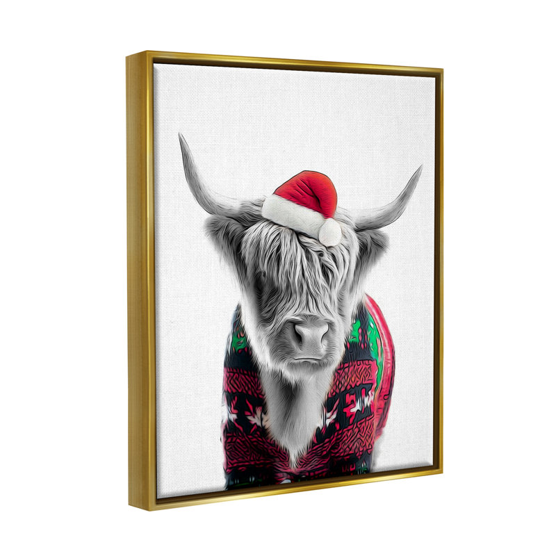 Vache dans un chandail de Noël sur toile, H 21 po x l 17 po x P 1,7 po, Cadre flottant métallique doré