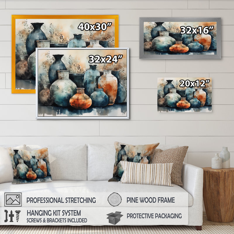 Art mural bleu et orange Kamani - art mural Boho Pottery II, Cadre noir, H 34 po x l 44 po x P 1,5 po