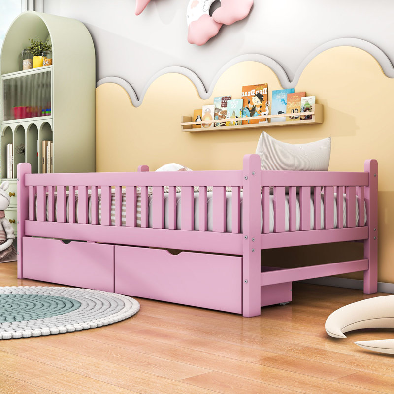 Lit plateforme simple en bois à deux tiroirs avec garde-corps, Rose