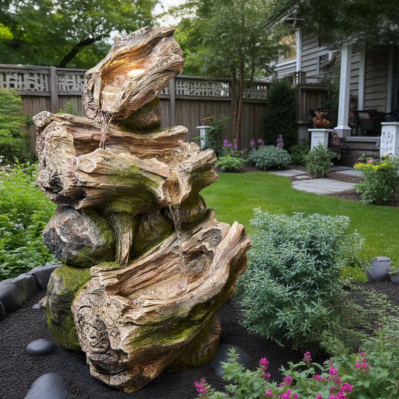 Outdoor Resin Water Fountain with LED Light, Multi-Tier Cascading Driftwood Design for Garden & Patio