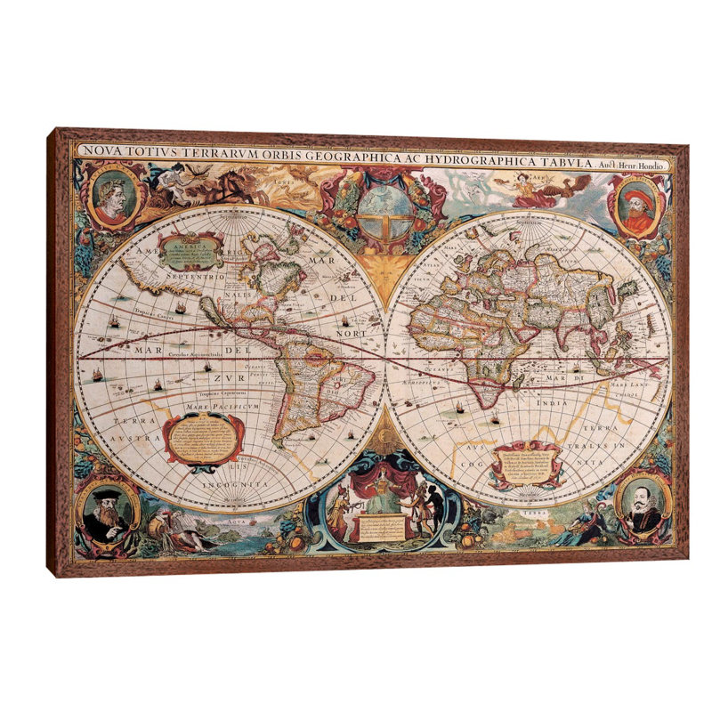 Antique World Map 1 Piece Wall Art on Canvas, 66.04 cm H x 45.72 cm W, Mustard/Dark Red/Cream, Brown Floater Framed
