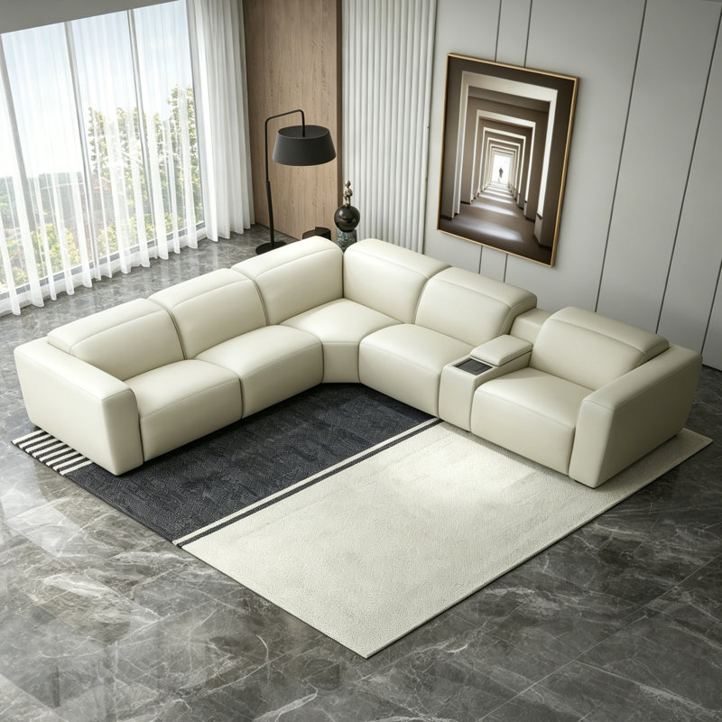 Canapé modulaire inclinable électrique moderne en L avec console, Slate Blue Top Grain Leather