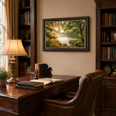 Art mural antique sur toile encadré doré pour le salon, la chambre à coucher, le bureau ou le vestibule - Décoration murale décorative avec coucher de soleil sur le lac