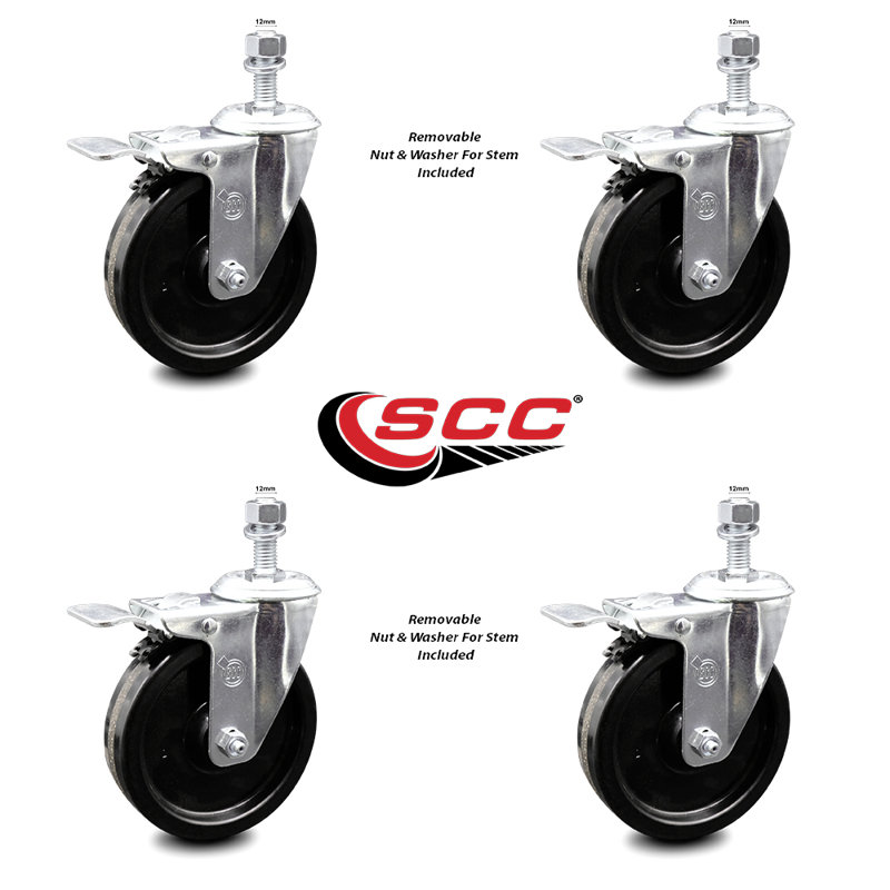 Ensemble de roulettes à tige filetée pivotante de 5 po avec frein verrouillable total de 12 mm