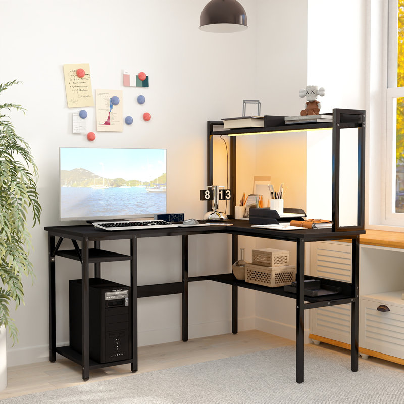 Chilmark L Shaped Desk with Hutch, LED Lights, Reversible Corner Desk with Power Outlet, Black