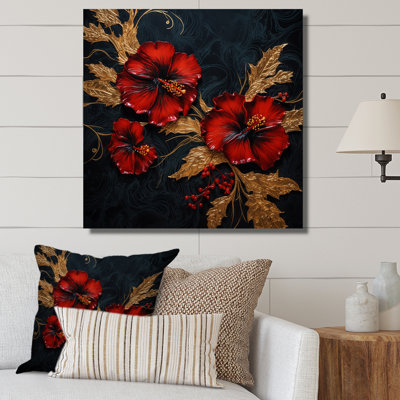 " Red Gorgeous Gilded Hibiscus On Black "