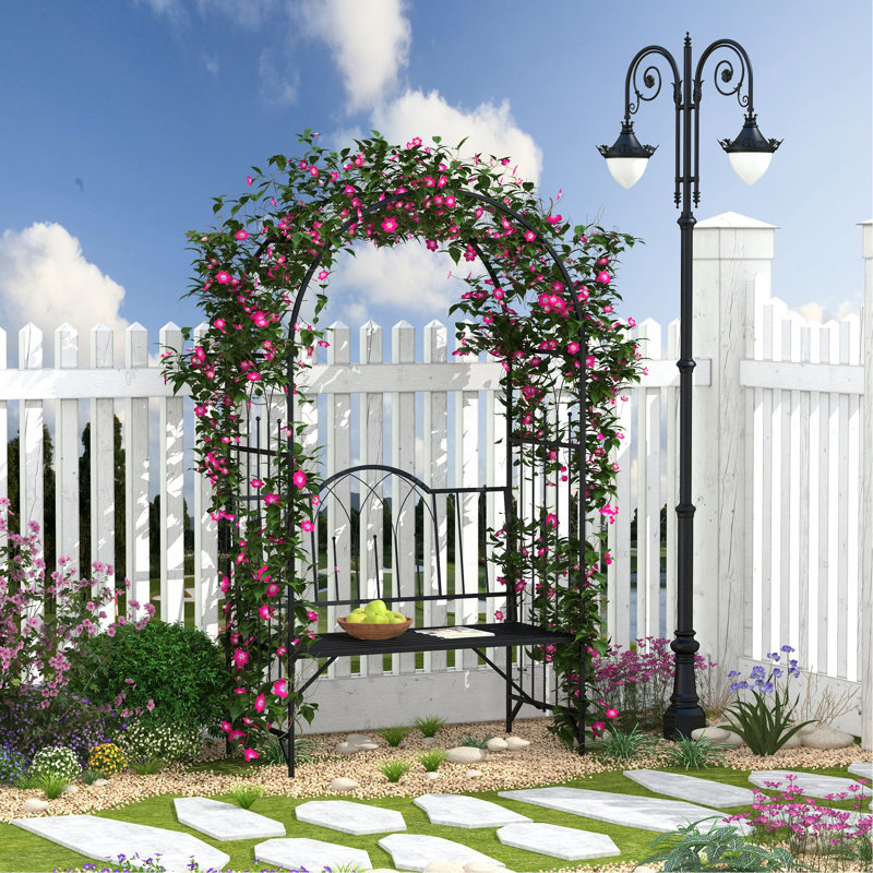 Black Metal Trellis Arch With Garden Bench - Perfect For Growing Vines, 484 Lbs. Capacity Heavy-Duty Yard Weight Capacity,