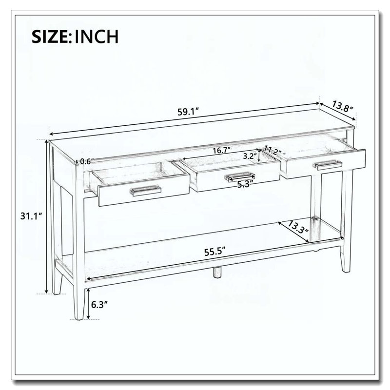 59.1'' Farmhouse Entryway Table with 3 Drawers, Painted Console Table, Gray
