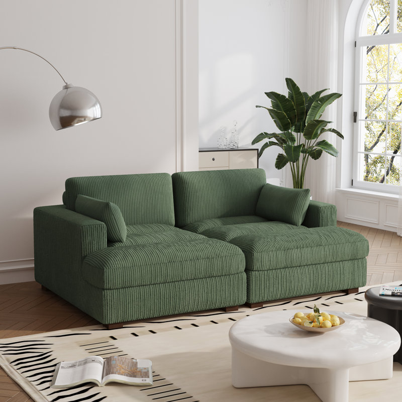 Canapé-lit modulaire avec accoudoirs et coussins décoratifs en velours côtelé vert Bentura, Velours côtelé vert Performance