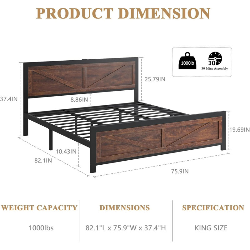 King Size Platform Bed Frame with LED Lights, USB Charging, and Farmhouse Barn Door Headboard, Strong Metal Slats Support, Noise Free, No Box Spring Needed, Brown