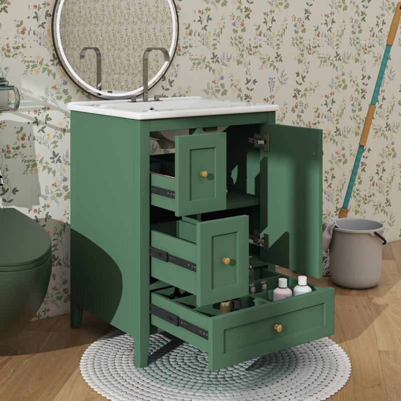 Armoire de salle de bain 24 pouces avec 3 séparateurs amovibles à 3 tiroirs et tablette personnalisable, Vert foncé