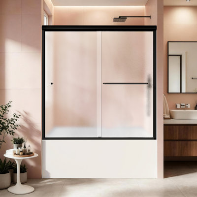 55" - 59" W x 56" H Semi-Frameless Double Sliding Frosted Tub Door in Matte Black with Nashiji Pattern Obscure Glass