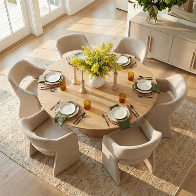 6 - Person Dining Table Sets With Round Table & 6 Upholstered Fabric Chairs