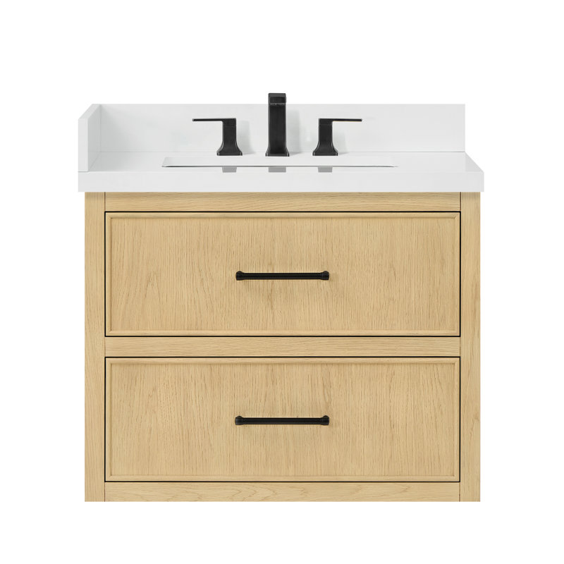 Meuble-lavabo mural simple en chêne scandinave de 30 po Isola, Beige / noir mat, White Quartz