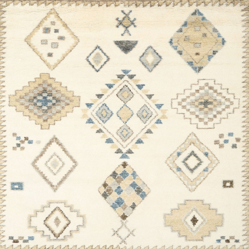 Tapis contemporain beige / bleu, Carré 3 pi