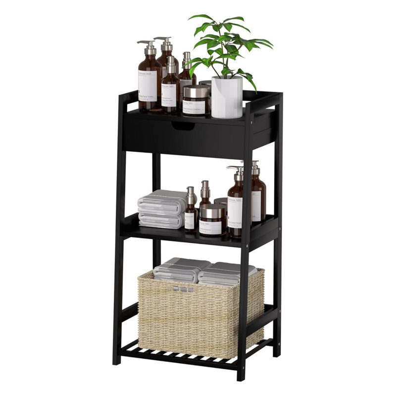 Classic Black Bamboo 3-Tier Ladder Shelf with Drawer
