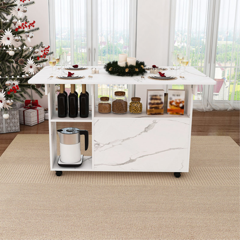 47" Multi-Functional Folding Dining Table with Storage Shelves & Wheels, Compact Space-Saving Desk for Kitchen, Dorm & Office, White