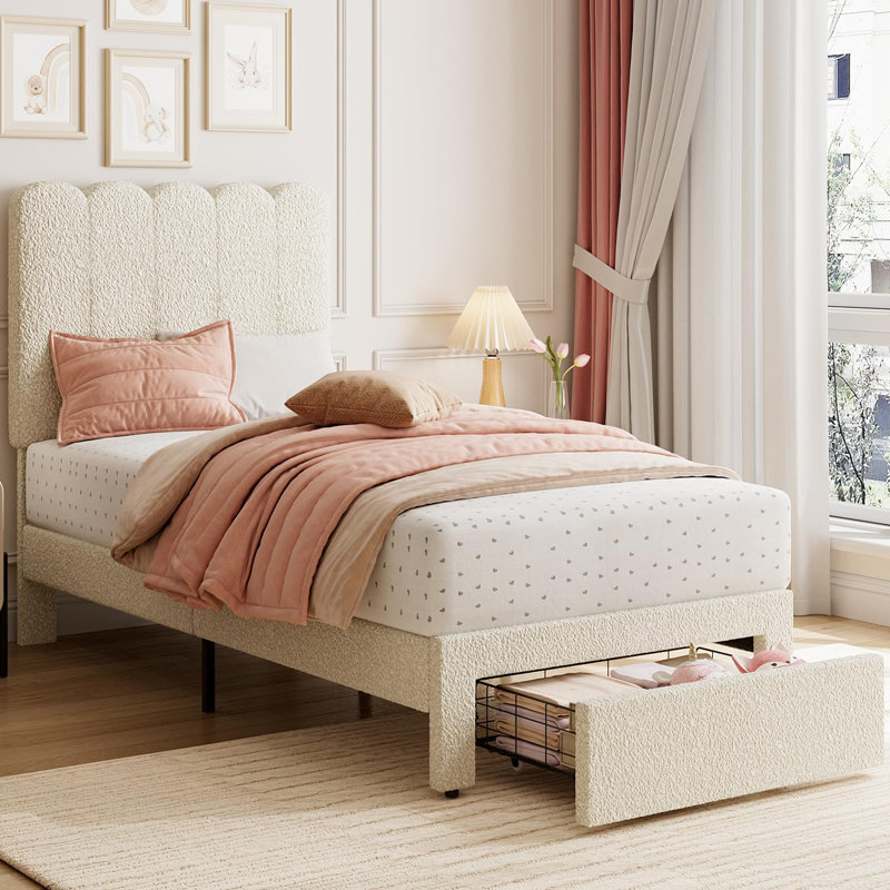 Structure de lit simple avec tiroir sous le lit, lit plateforme tapissier blanc Boucle