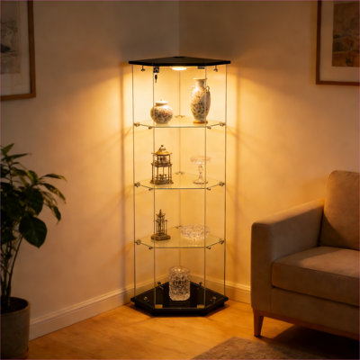 Armoire à liqueurs de rangement à cinq côtés avec rangement, fabrication classique en bois d'ingénierie et en verre trempé noir, avec lumières de fonctionnement intégrées et porte verrouillable