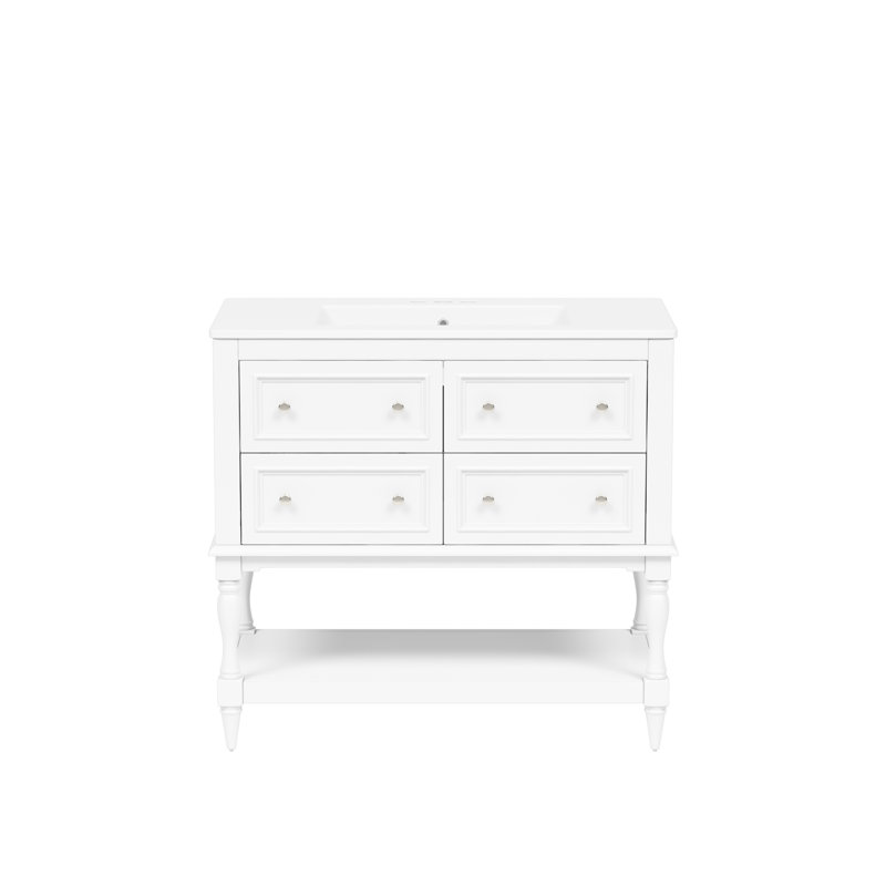 Lavabo de salle de bain 36 po - Blanc, bois massif, 4 tiroirs, lavabo encastré en céramique, conception fonctionnelle avec lavabo 36 po, structure en bois, spacieux pour